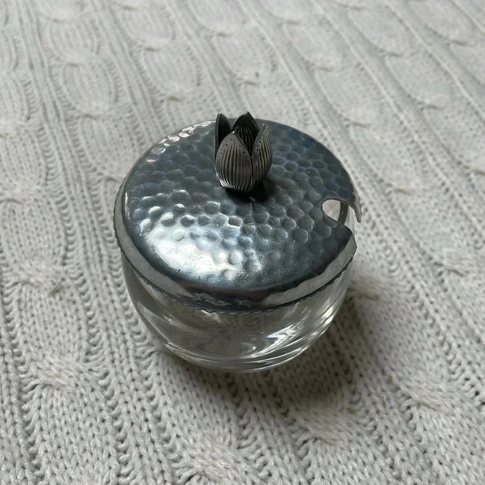 Vintage MCM Hammered Aluminum And Glass Jelly Jar With Lid with flowering knob